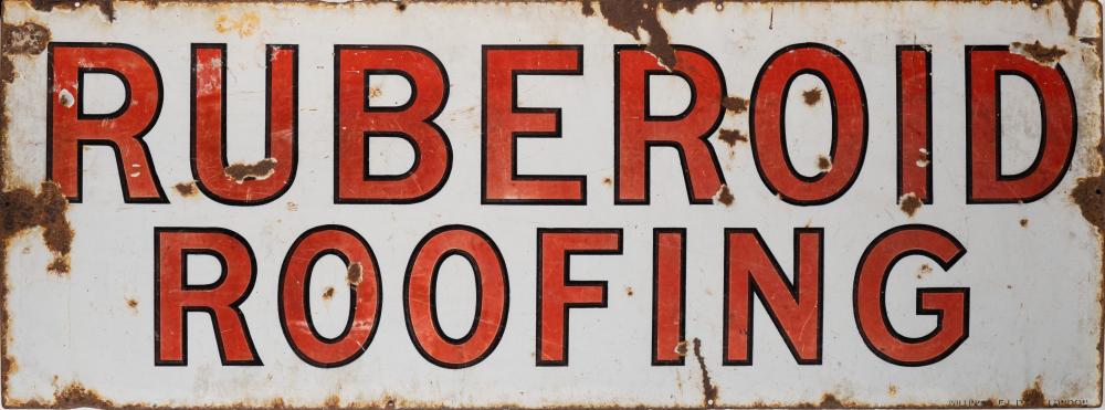 An enamel sign for 'Ruberoid Roofing': red and black text on a white ground,