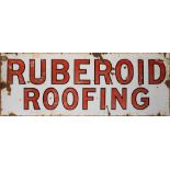 An enamel sign for 'Ruberoid Roofing': red and black text on a white ground,