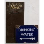 A BR(E) enamel station sign 'Drinking Water': with left facing arrow beneath,