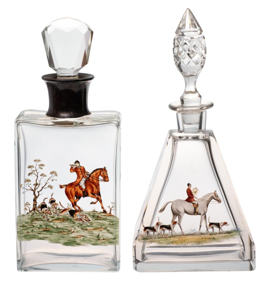 A silver collared glass hunting theme decorated decanter and stopper,