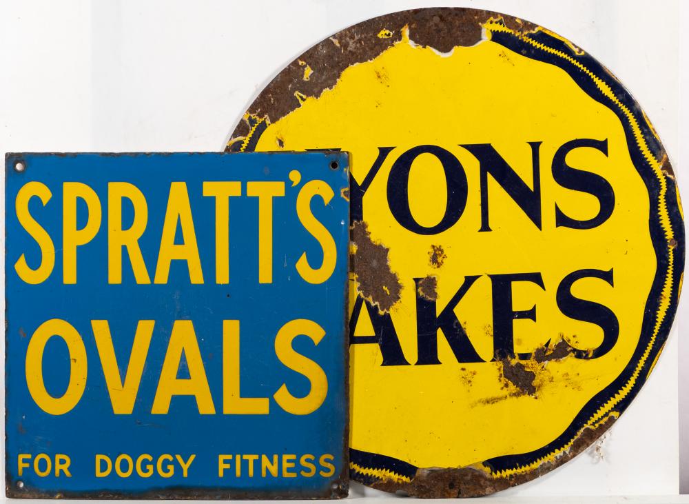An enamel sign 'Spratt's Ovals. For Doggy Fitness': yellow text on a blue ground, 30.5 x 30.