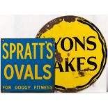 An enamel sign 'Spratt's Ovals. For Doggy Fitness': yellow text on a blue ground, 30.5 x 30.