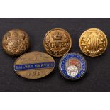 Three GWR buttons, a GWR 'Railway Service' lapel badge and an enamel NUR' lapel badge:.