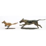 * Sally Rutherford (1940-) A cold painted bronze figure of a fox and another of a hound: both on