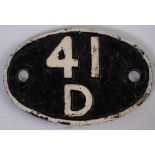 A reproduction Eastern region cast iron oval shed plate '41D': numbered '61394' to back,