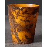 A Georgian horn beaker with shooting decoration: incised with a gentleman with fowling gun and two