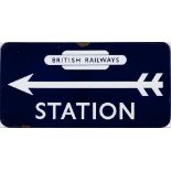 A BR(E) enamel station direction sign 'Station': with British Railways totem and left facing