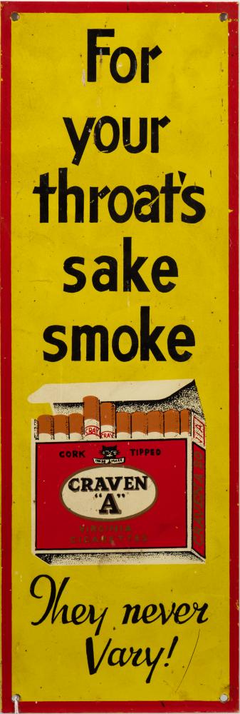 A Craven enamel advertising sign 'For Your Throat's Sake Smoke Craven A. They Never Vary':, 46 x 15. - Image 5 of 5