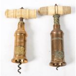 Two late 19th century brass barrelled Thompson pattern bone handled corkscrews: each with armorial