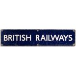 A BR(E) enamel sign 'British Railways': 15 x 65cm (poor condition)