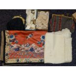 A small group of miscellaneous textiles: including a Chinese embroidered silk panel, a fan,