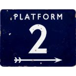 A BR(E) enamel station sign 'Platform 2': with right pointing arrow beneath, flanged edges,