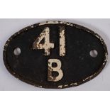 An Eastern region cast iron oval shed plate '41B':19cm wide (possibly Sheffield Grimesthorpe)