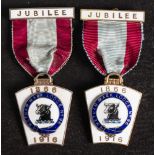 Two cased silver gilt and enamel Masonic Jubilee jewels for Metham Mark Lodge No.