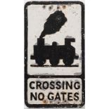 A cast aluminum road sign 'Crossing No Gates': with an image of a 0-6-0 locomotive with smoke over