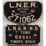 Two LNER cast iron wagon plates: Darlington, 1946, 20 tons,