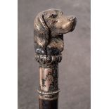 A 19th century Russian silver spaniel's head mounted ebony walking cane: the dog's head inset with