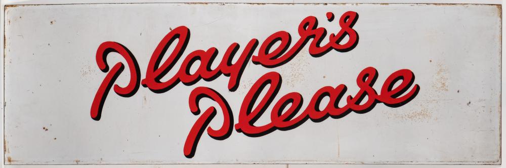 An enamel sign 'Player's Please': red and black text on a white ground, 35 x 108cm.