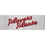 An enamel sign 'Player's Please': red and black text on a white ground, 35 x 108cm.