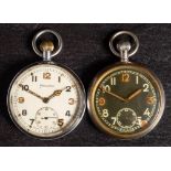 A Military issue Helvetia open face pocket watch: with arabic numerals and white enamel dial,