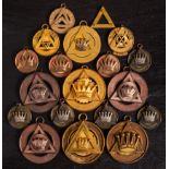 A collection of gilt circular Masonic emblems: various lodges and makers including Toye,