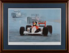 Ray Goldsborough. 'Senna In The Rain': framed print, 35x56cm subject size.