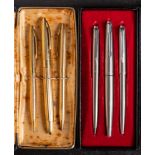 A cased Parker 45 three piece stainless steel pen set: together with gold plated Sheaffer
