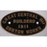 A reproduction builder's plate 'Great Central Railway, Builders 1911.