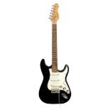An Encore Stratocaster Electric guitar:, black with white scratchplate and tremolo.