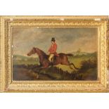 Manner of Herring - Huntsman on a chestnut horse, taking a fence,:- oils on metal, 26 x 43cm.