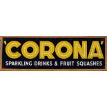 An enamel sign 'Corona Sparkling Drinks & Fruit Squashes': yellow and white text on a dark blue