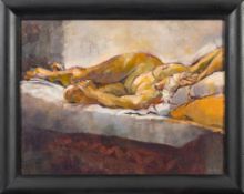 * June Arnold [Contemporary]- Reclining nude,:- signed, oil on board, 47 x 61cm.