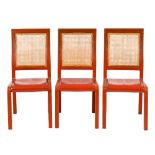 By John Makepeace, a set of eight tan leather covered dining chairs,