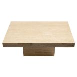 A Travertine rectangular coffee table: raised on a pedestal base, the top 91.