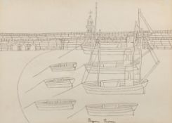 * Bryan Pearce [1929-2006]- Seven boats in a harbour,:- signed, pen and ink drawing, 30 x 41.5cm.