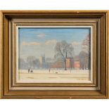 * Stephen Codner [20th Century]- Clapham Common Under Snow,:- oil on board, 14 x 19cm,