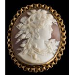 An oval shell cameo portrait brooch: depicting a classical woman, within a circular-link frame,