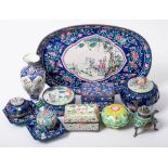 A mixed lot of Canton and other famille rose enamel: including boxes and covers, a tray,
