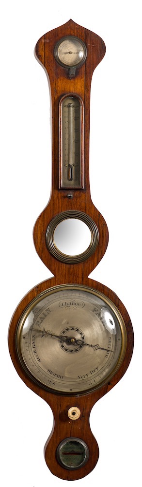 A rosewood wheel barometer: the eight-inch round silvered dial engraved with standard barometer