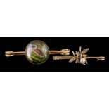 A crystal painted intaglio bar brooch: depicting a long-billed bird and an insect bar brooch.