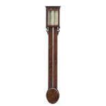 T Naylor, Halifax, a mahogany stick barometer: the painted dial with usual barometer markings,