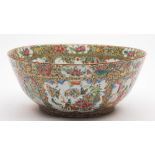 A Chinese Canton famille rose bowl: painted in traditional form with panels of court scenes,