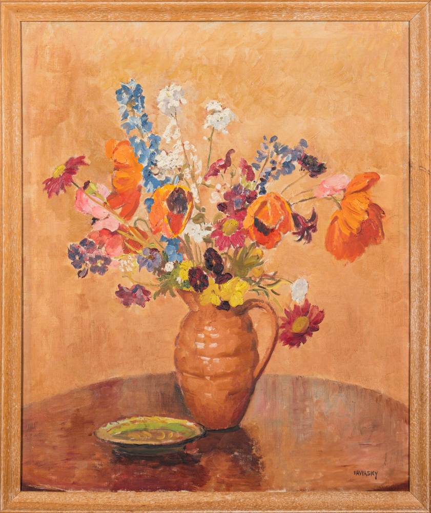 * Philip Naviasky [1894-1983]- Still life; Poppies and cut flowers in a vase on a table;