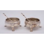 A pair of George II silver cauldron salts, all marks worn and rubbed, London,