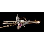 A ruby, rose diamond and pearl fly motif bar brooch: approximately 37mm long.