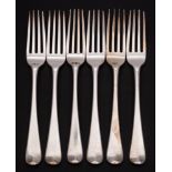 A set of six George III silver Hanoverian pattern table forks, maker,
