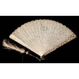 A 19th century Cantonese carved ivory brise fan: the pierced leaves decorated with figures in a