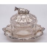 A Victorian clear glass and silver mounted butter dish, cover and stand, maker H J Lias & Son,