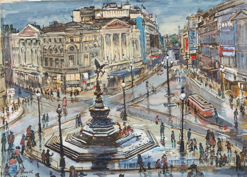 * Hubert Andrew Freeth [1912-1986]- Piccadilly,:- signed and dated 1978 bottom left mixed media,