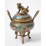 A Chinese cloisonne two-handled censer and cover: set on three legs terminating in grotesque masks,